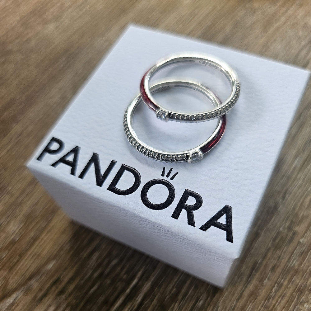 Pandora Silver and Red Enamel Stacking Rings